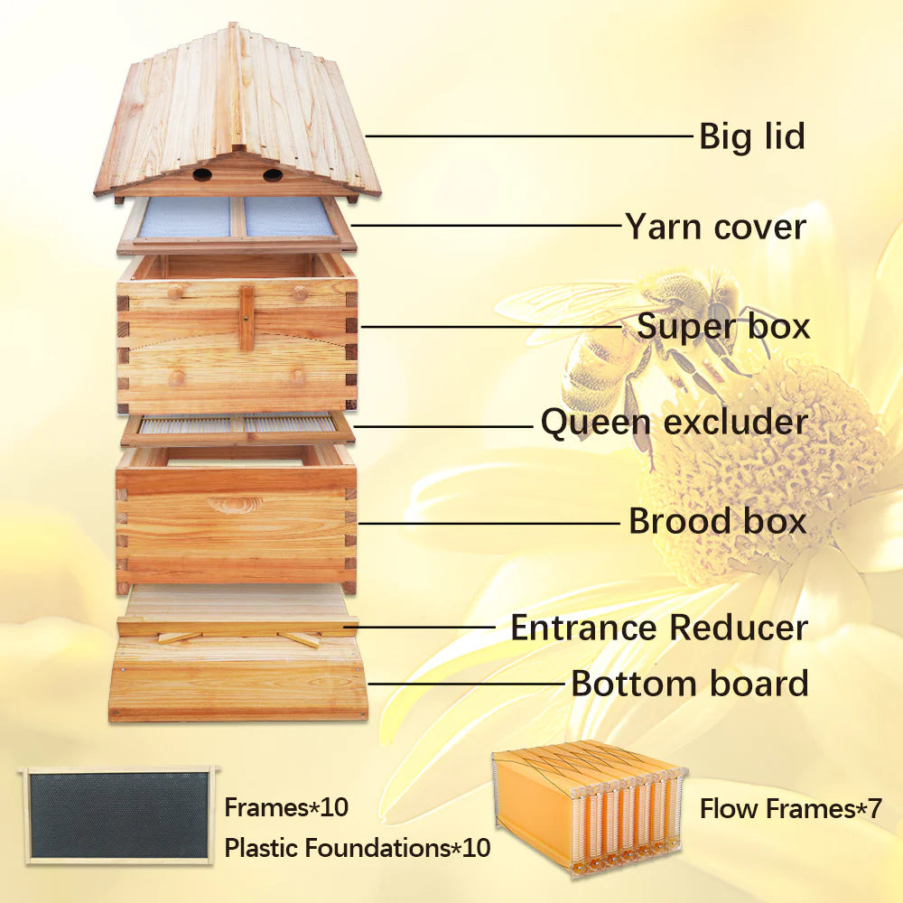 Auto Bee Hive, with 7pcs Auto Super Frames, 10pcs Brood Frames With Plastic Foundation, Bee House with 1pcs Super Boxes, 1pcs Brood Boxes, Bee Hives Starter Beekeeping Kits