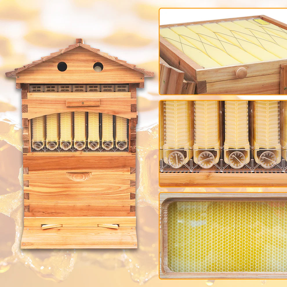 Auto Bee Hive, with 7pcs Auto Super Frames, 10pcs Brood Frames With Plastic Foundation, Bee House with 1pcs Super Boxes, 1pcs Brood Boxes, Bee Hives Starter Beekeeping Kits
