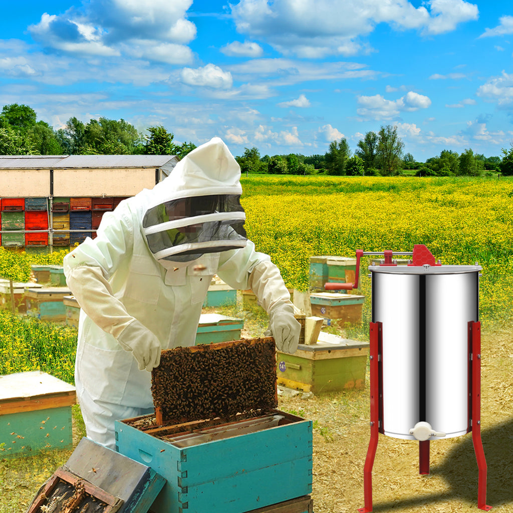 New Liked 2/4 Frames Manual Honey Extractor Kit Include Frame Grip, Uncapping Knife and Double Sieve for Beekeeping Starter Harvest Honey