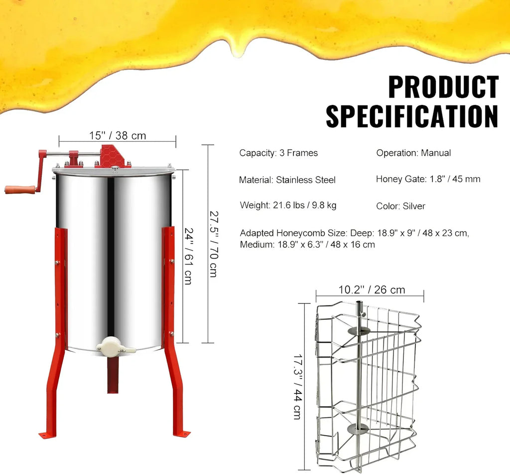 Manual 3-Frame Honey Extractor, Stainless Steel Honey Extractor for Backyard Beekeepers
