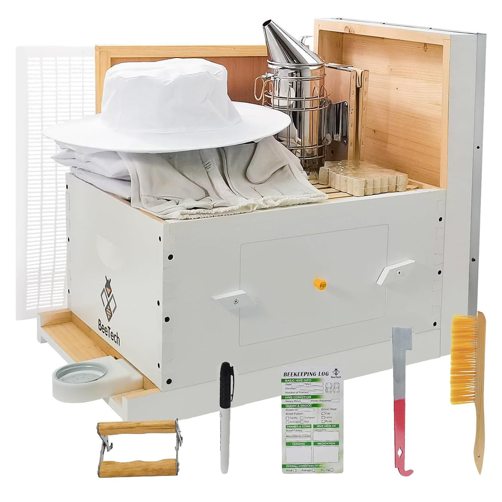 Beetech Newest 10 Frame Beehive Starter Kit Hand Painted Includes Beekeeping Supplies Tools and Sting Proof Bee Suit